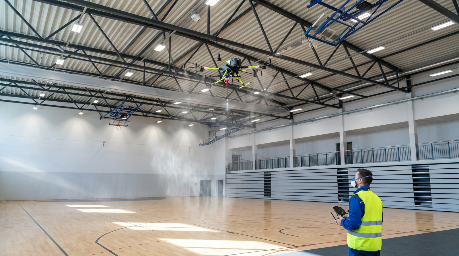 Dezynfekcja hali sportowej dronem