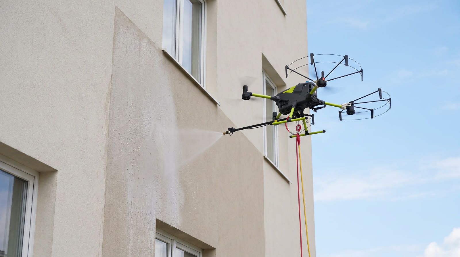 Impregnacja elewacji dronem – równomierny natrysk preparatu ochronnego