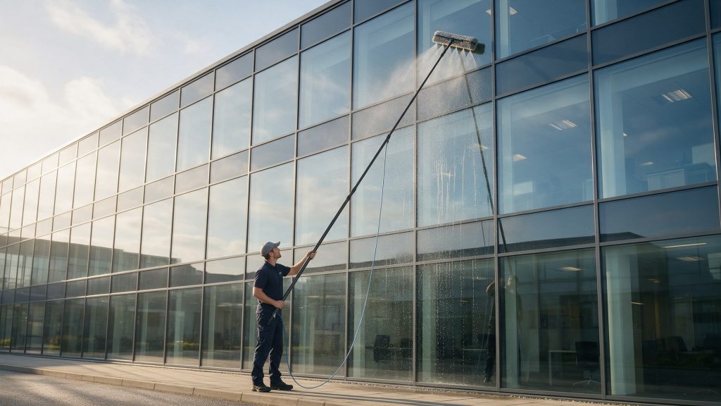 Pracownik myje przeszklenie budynku biurowego kijem teleskopowym z poziomu gruntu