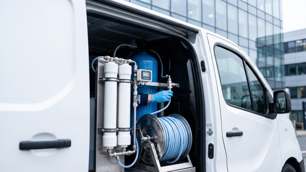 Zestaw filtrów odwróconej osmozy i zwijak węża w samochodzie technicznym