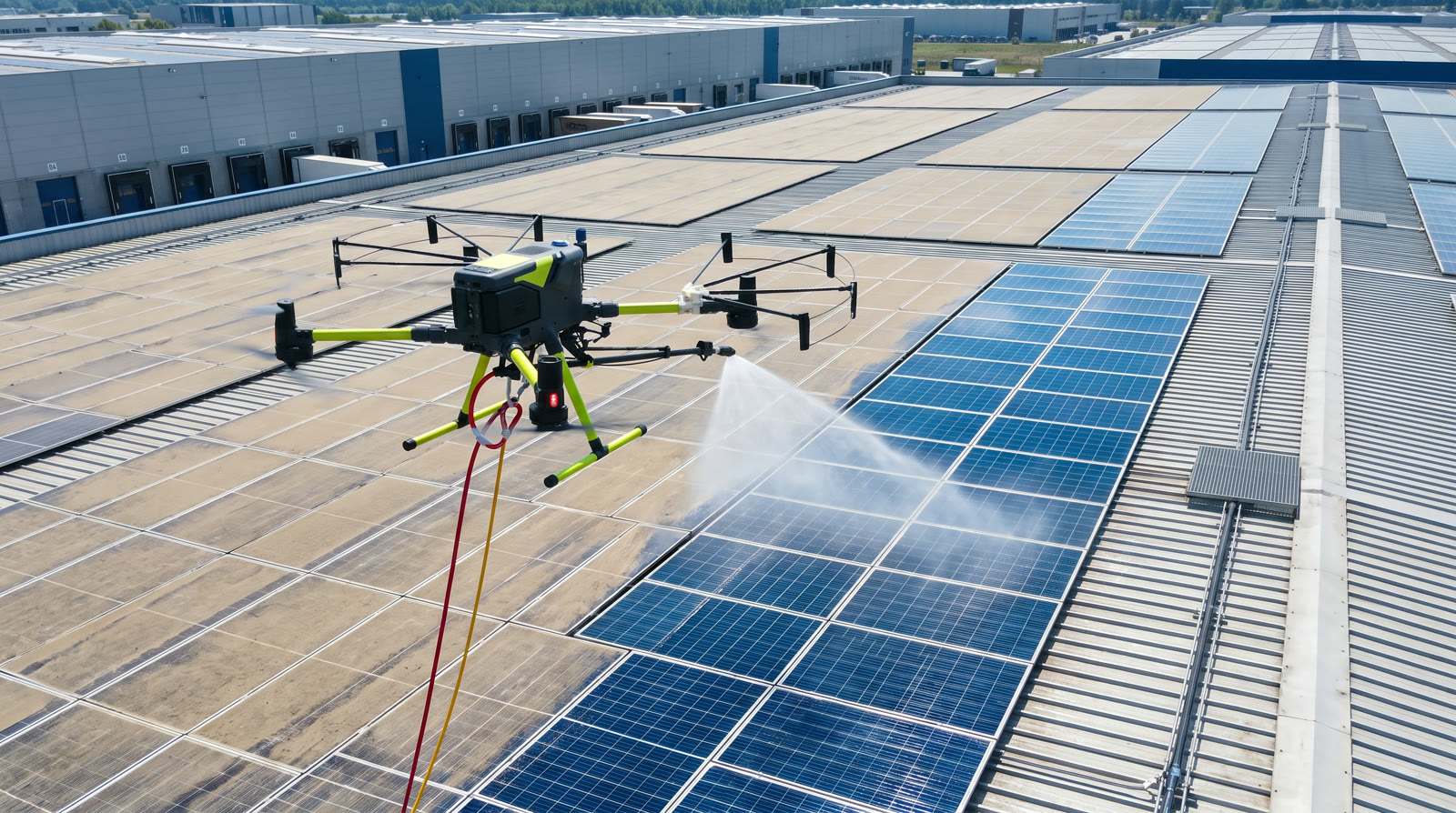 Mycie paneli fotowoltaicznych na dachu hali dronem