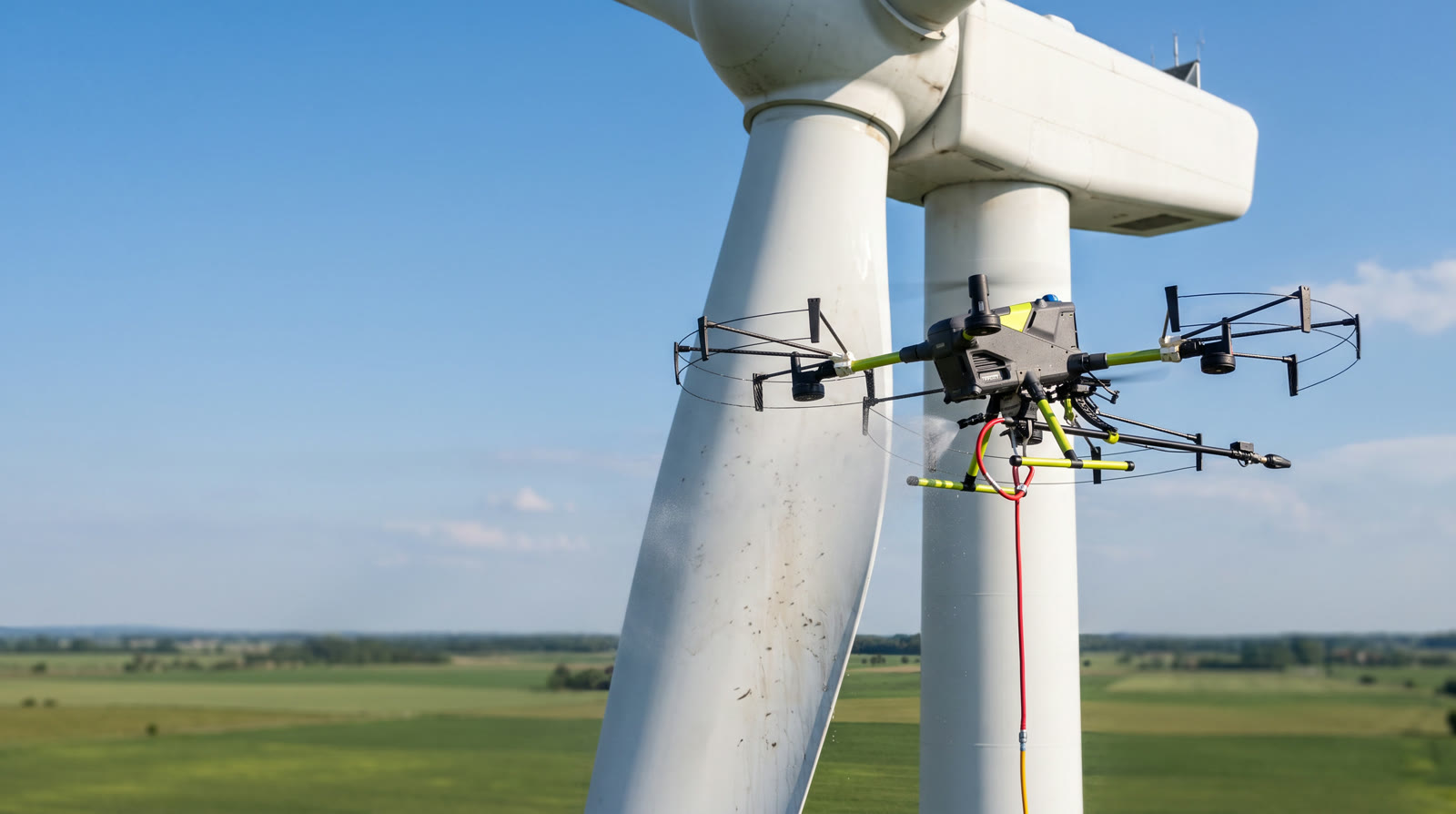 Dron czyszczący łopatę turbiny wiatrowej