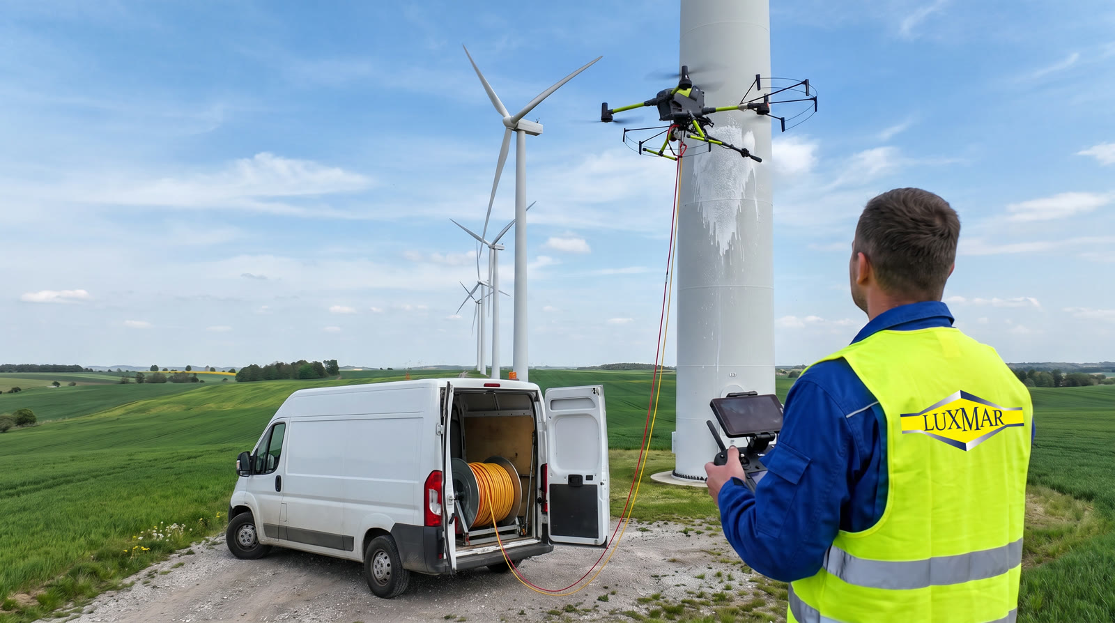 Operator LUXMAR steruje dronem czyszczącym wieżę turbiny na farmie wiatrowej