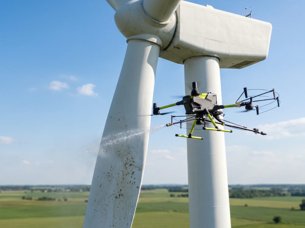 Dron myjący łopatę turbiny wiatrowej